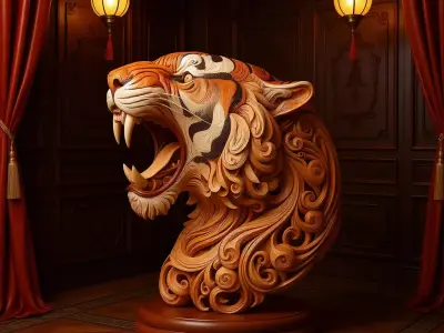 Roaring Tiger Head Sculpture Wooden Carving Swirling Patterns Low-poly 3D model