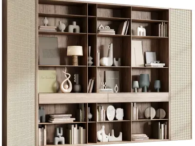 Cabinet rattan Furniture -Wooden Shelves Decorative With Book 07 3D model