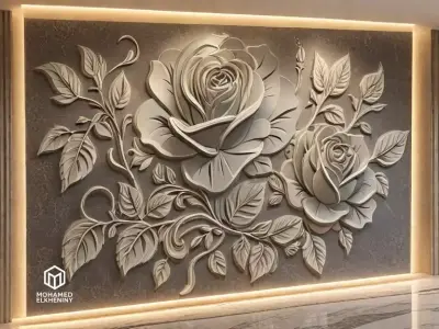 modern rose panel wall decor set relief stl mural CNC 302 3D model