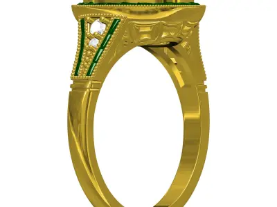 Cushion Stone Baguette Diamond Double Halo Art Deco Ring 3D print model