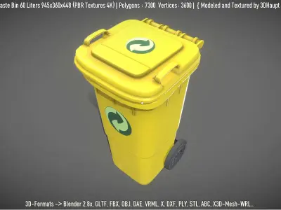 Yellow Plastic Waste Bin 60 Liters 945x360x448 Low-poly 3D model