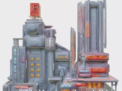 Cyberpunk Skyscraper Neon Signs Night Scene Low-poly 3D model
