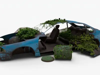 4K realistic low poly abandoned car recycle bin and rock Low-poly 3D model