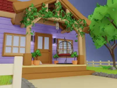 Low Poly House with Garden and Porch Low-poly 3D model