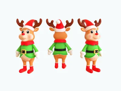 3D Cartoon Reindeer Christmas Animated in Festive Attire  Low-poly 3D model