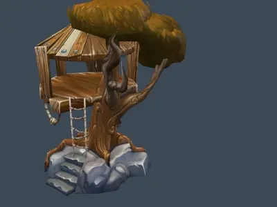 Cartoon Old Wooden House on the Tree Low-poly 3D model