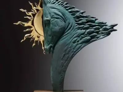 Bronze Horse Head Sculpture Sun Moon Symbolism 3D Low-poly 3D model