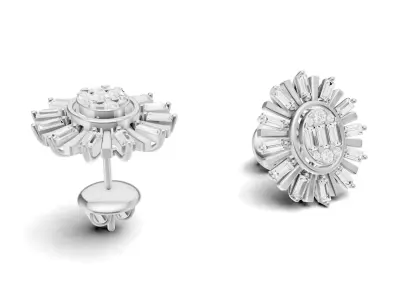 Oval Sunburst Baguette Diamond Stud Earrings 3D print model