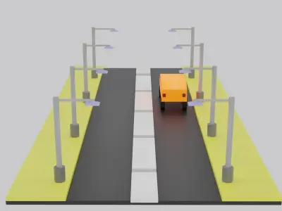 Toy car in road with street lights Low-poly 3D model