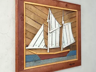 Folk Art Painted Wood Lathe Assemblage Ship 3D model