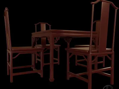 Chinese style dining table and chair 3D model