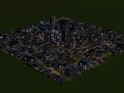 City Downtown Skyscraper Street Mountain Landscape 17 - NIGHT Low-poly 3D model