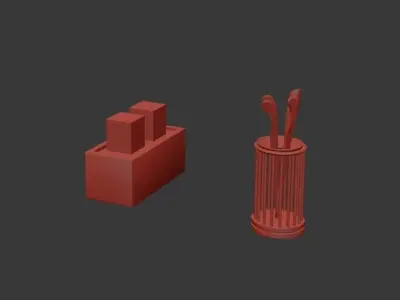 flatware toilet brush and wooden box Free 3D model
