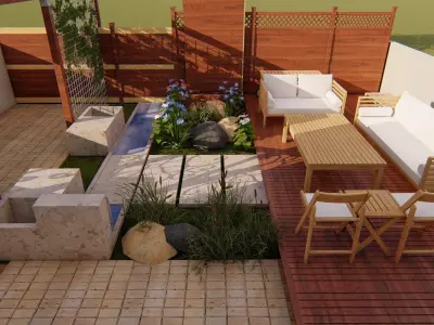 Backyard landsacpe design of modern house with sitting 3D model