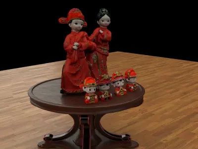 Chinese wedding doll collection with round display stand   3D model
