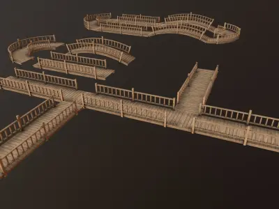 modular wooden bridge Low-poly 3D model
