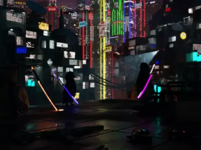 FREE Rooftop Cyberpunk City with Katana Free 3D Model Free 3D model