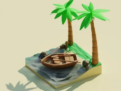 Beach with boat Low Poly Free 3D model