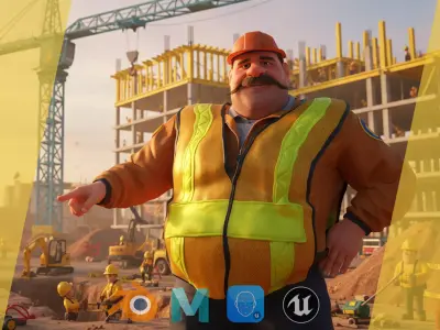 Stylized Cartoon Construction Worker Rigged Foreman builder Low-poly 3D model