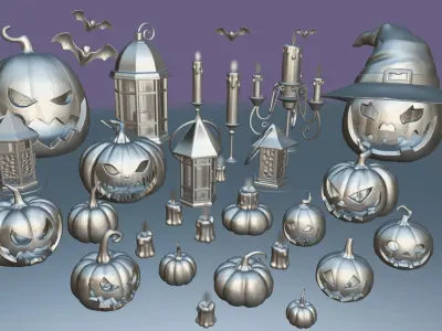 Halloween Pumpkin and lanters decorations Low-poly 3D model