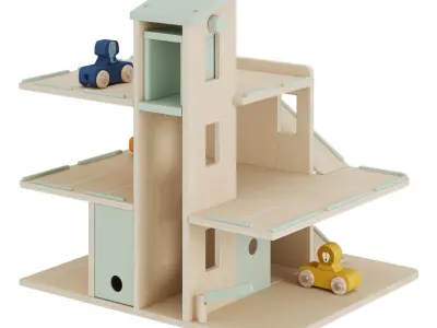 Wooden car park with accessories 3D model