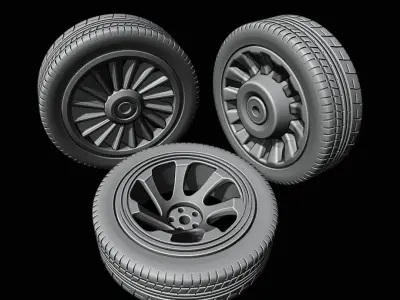 Tyre and 3x Alloy Wheel Types 3D print model
