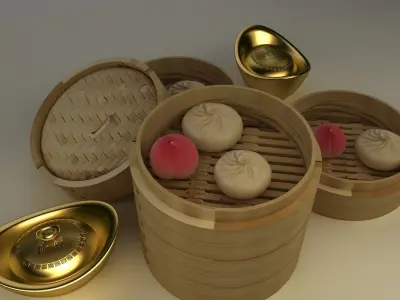 Chinese bamboo steamer with buns and yuanbaos 3D model