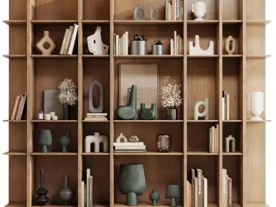 wooden Shelves Decorative With Plants and Book - wooden Rack 25 3D model
