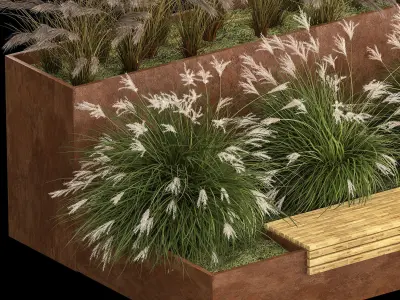 Flowerbed With Bushes In Rusty Flowerpots 1137 3D model