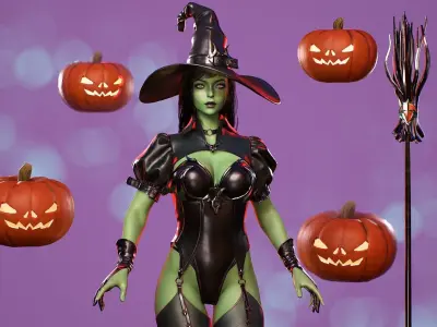 Evil Halloween Witch - Cute  Wizard Sorcerer Mage Cartoon Girl Low-poly 3D model