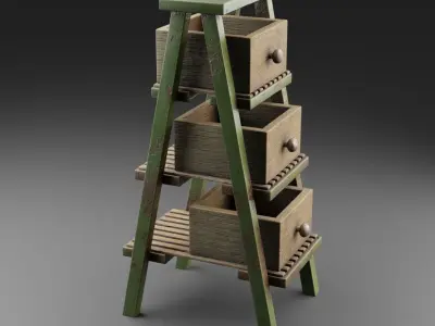 Stair wooden ladder with three drawers Low-poly 3D model