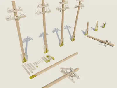 Low-poly PBR Wood Electricity Wires Poles Set Low-poly 3D model