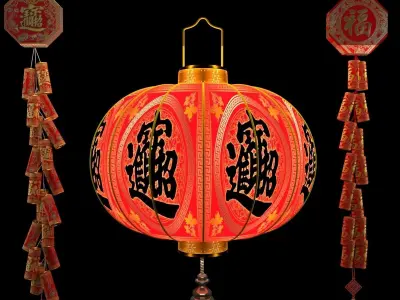 Chinese red lantern with firecracker 3D model