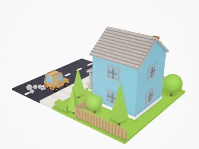 Low Poly House with car on road Low-poly 3D model