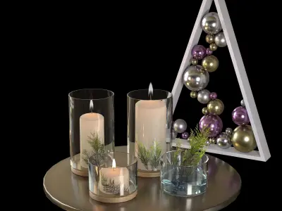 Decor set candles and ornaments on tray 3D model
