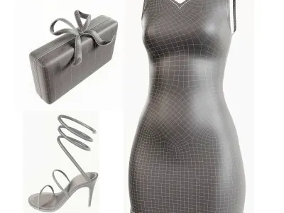 Elegant Night Outfit Dress Handbag and Heels PBR Set Low-poly 3D model