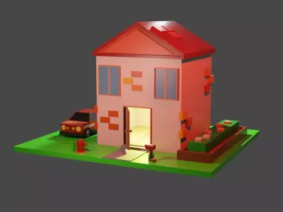 Simple but powerful low poly cube house with car Low-poly 3D model