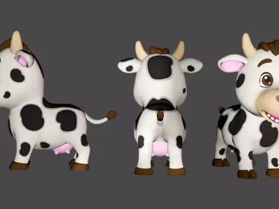 Rigged Black Spotted Cute Farm Cow Low-poly 3D model