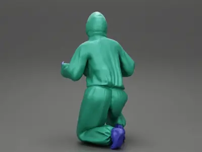 woman wearing antivirus suit sitting and carrying 3D print model