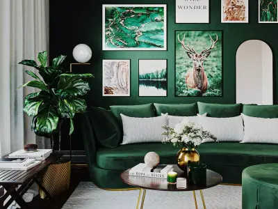 Realistic Interior Living Room with Accessories - Green Posters 3D model