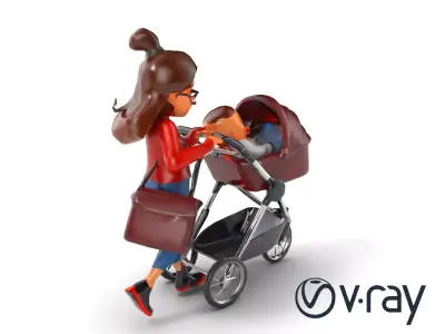 Cartoon Mother and Baby Stroller Character model pack Low-poly 3D model