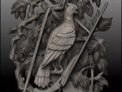 Hunting wood carving of bird with rifle 3D print model