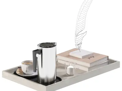 Coffee set 10 - tray pot cup books candle figurine 3D model