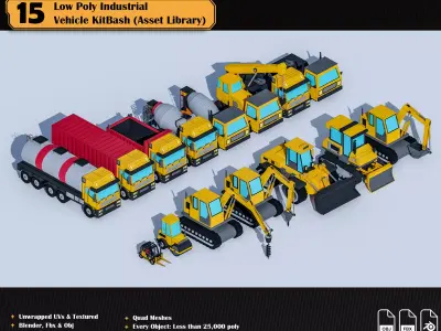 15 Low Poly Industrial Vehicle Asset Library Kitbash Low-poly 3D model