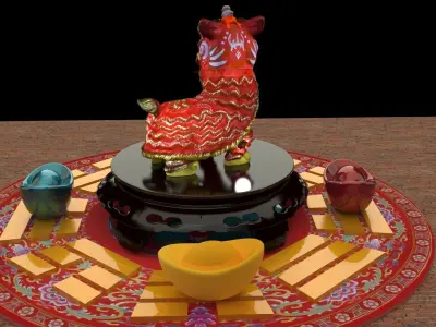 Chinese lion dance figure and yuanbao  3D model