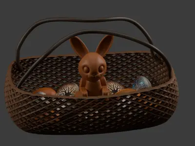 Wicker Basket Decorative Easter Eggs and a Chocolate Rabbit Low-poly 3D model