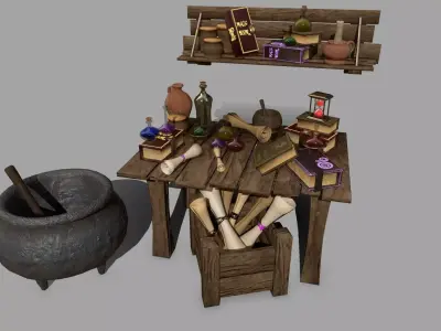 Alchemy Set pot with wooden spoon Low-poly 3D model