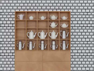 Pot collection wooden shelf with tea cups Free 3D model