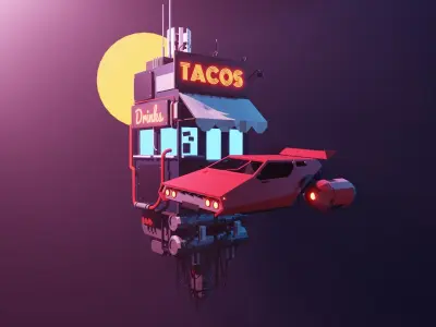  Cyberpunk Hover Car Game-Ready Low-poly 3D model Low-poly 3D model