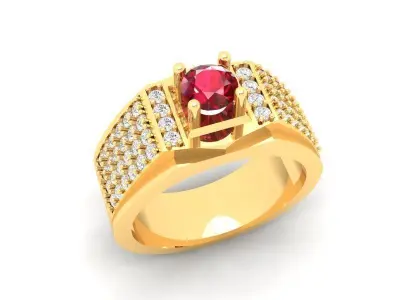 Luxury Men Ring with Emerald or Ruby and Diamond Pave 404 3D print model